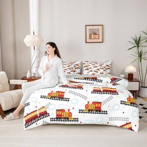 Feelyou Red Vintage Train Comforter Set Queen Size Retro Steam Locomotive Down 7 Pcs Bedding for Boys Girls Adults Bed in a Bag,Transportation Vehicles Bed Sheet Sets with Fitted Sheet Pillowcases