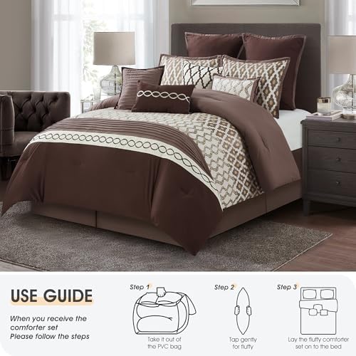 LANCO MODERN LIFESTYLE King Size Comforter Set, Brown, 10 Piece Bed in a Bag for All Seasons, Luxury Extreme Comfort Bedding Sets with Bedskirt, Pillow Shams, Euro Shams and Decor Pillows
