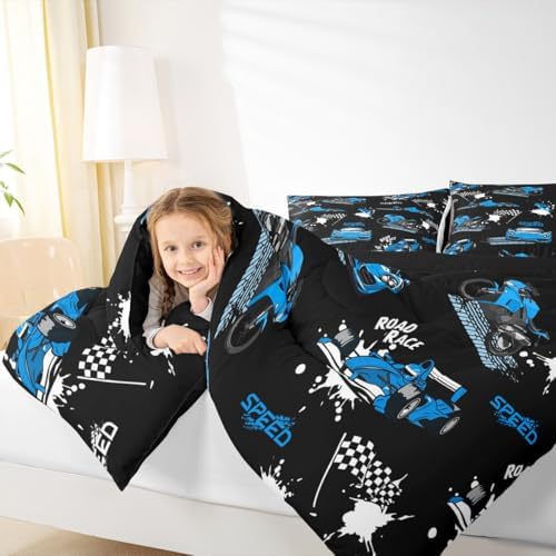 Erosebridal Kids Race Car Comforter Set Blue Black Racing Car Bedding Set Full Size,Speed Sports Car Comforter Extreme Sports Duvet Insert for Boys Teens Cool Dirt Bike Motocross Quilt Bed Set