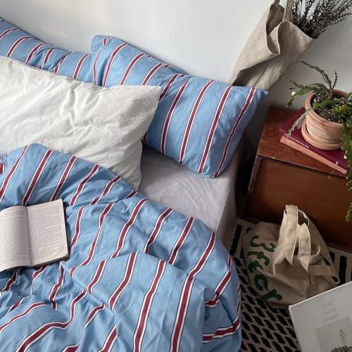 mixinni Vintage Blue & Red Striped Comforter Set Queen Size - Soft Cotton 3-Piece Bedding Set (1 Comforter + 2 Pillowcases), Retro Geometric Stripes Pattern, All-Season Lightweight & Breathable