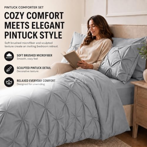 HIMEET Full Size Comforter Set Light Grey - 7 Pieces Pintuck Bed in a Bag