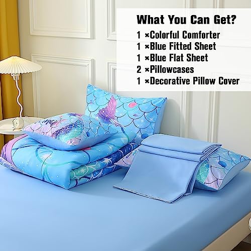 JQinHome Mermaid Comforter Set Twin Size, 6 Piece Mermaid Tail Bed in A Bag,3D Colorful Mermaid Bedding Set for Girls Kids, Sparkle Teal Bedroom Decor Bedding Set with Sheets (Blue)