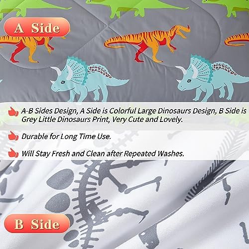 RYNGHIPY Dinosaur Kids Comforter Set Cartoon Dinosaur Bedding Sets for Boys 3 Pieces Queen Microfiber Comforter with Pillowcases Soft Lightweight (Dark Grey,Queen)