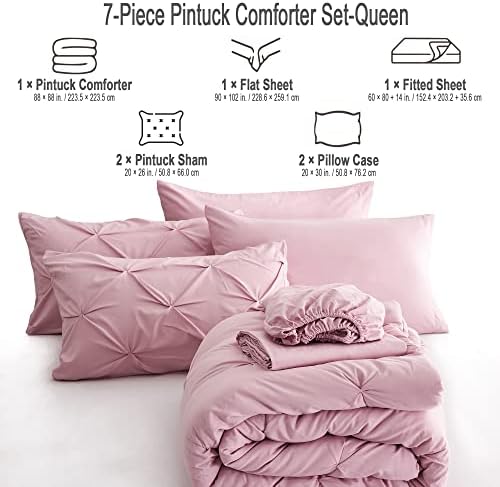 Ubauba 7pc Pink Queen Comforter Set, Pintuck Bed in a Bag Blush Bed Set with Comforters and Sheets 7 Piece, All Season Pinched Bedding Sets for Women (Pink,Queen Size)