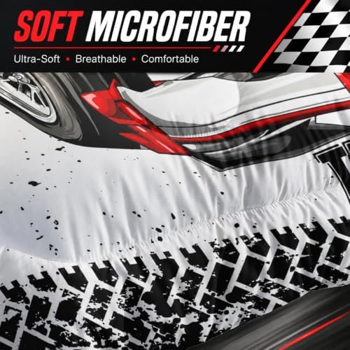 AILONEN Red Racing Car Comforter Set Twin Size, Extreme Sports Theme Bedding Set Black White Grid for Kids Boys,Race Car Competition Bed in a Bag Soft Breathable,1 Quilt 2 Pillowcases,3 Pcs