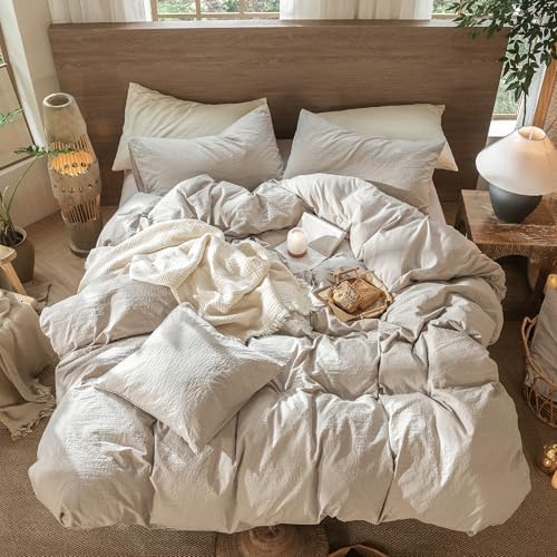 MooMee Wavy Striped Duvet Cover Set 100% Washed Cotton Linen Like Textured Breathable Durable Soft Comfy (Beige, Queen 90"x90")