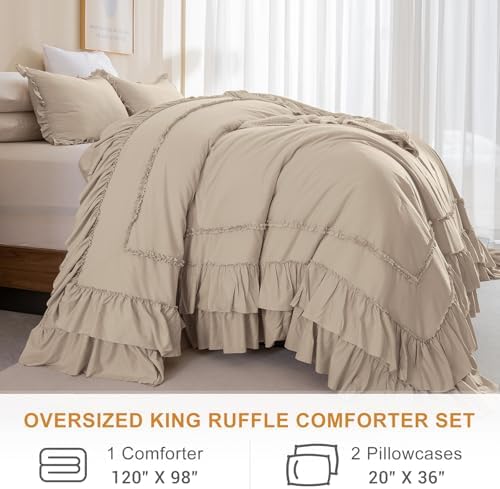 Masaca Ruffled Oversized King Comforter 120x98,Farmhouse Shabby Boho Chic Ruffle California King Comforter Set 3 Pieces French Country Vintage Rustic Bedding for All Season