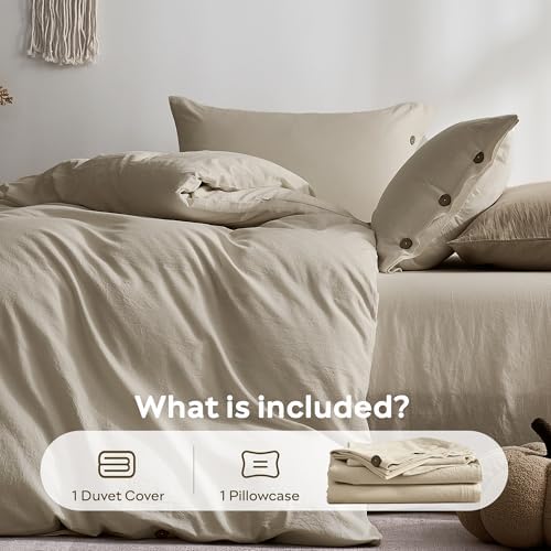 JELLYMONI 100% Washed Cotton Oatmeal Duvet Cover Twin, Linen-Like
