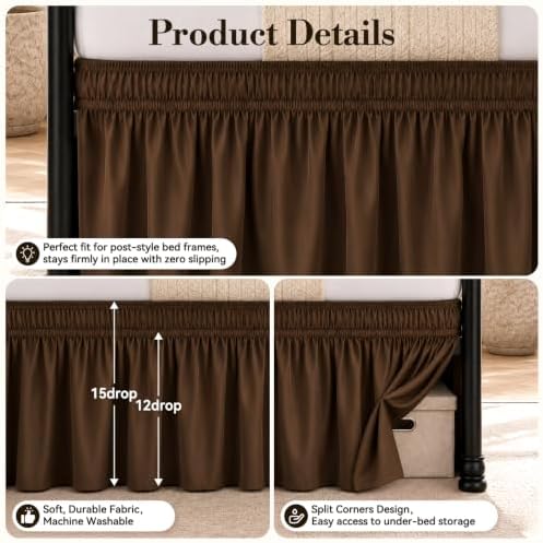 RIMELA Bed Skirt with Split Corners, King, 15 Inch Drop, Brown