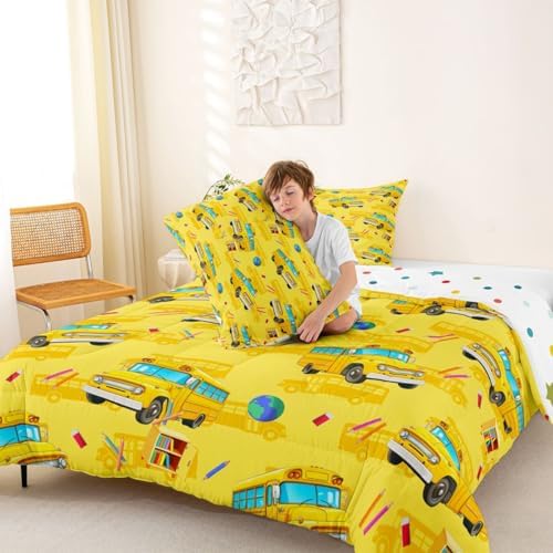 Feelyou School Bus Comforter Set Queen Size Yellow Cartoon Truck Bedding Set for Kids Boys Girls Transport Vehicles Duvet Quilt Bedroom Decor Microfiber 3 Pcs with 2 Pillow Cases
