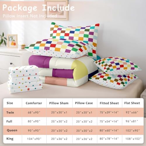 Feelyou Colorful Checkered Retro 7 Piece Bedding Set Kids Boys Girls Modern Geometric Cute Comforter Set with Sheets Full Size Beige Colorful Bed in a Bag Vintage Simple Groovy Aesthetic Room Decor