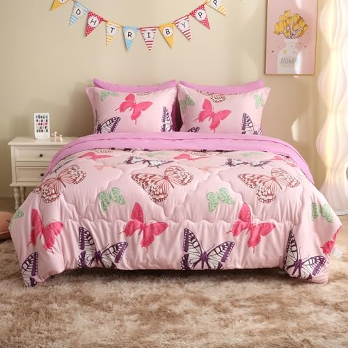 Pink Girls Butterfly Bedding Comforter Set Twin Size 7 Piece Glow in The Dark Butterfly Comforter with Sheets & Pillowcases Soft Microfiber Bed in A Bag for Kids Teens All Season