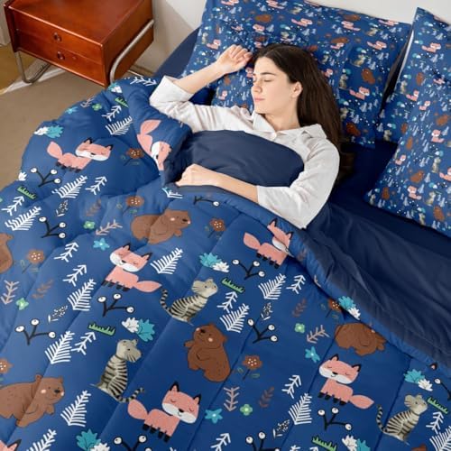 Erosebridal King Size Boys Blue Bear 7 Piece Kids Comforter Set Cartoon Animal Bedding Set for Child Nursery Fox and Cat Wild Animals Sheets Woodland Animals Quilt Wildlife Botanical Duvet Insert