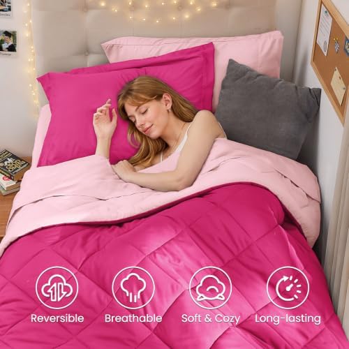 MUXHOMO 5 Pieces Twin XL Comforter Set, Reversible Bed in a Bag Twin XL Size, All Season Bedding Set with Comforter, Flat Sheet, Fitted Sheet, Pillowcases & Shams, Hot Pink & Baby Pink