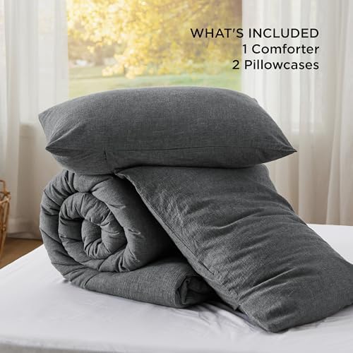 Bedsure PureWoven Cotton Comforter Set Prewashed, King, Dark Grey