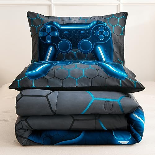 NTBED Game Console Comforter Set for Boys Girls Kids 3D Gaming Geometric Lightweight Microfiber Bedding Sets (Blue, King)