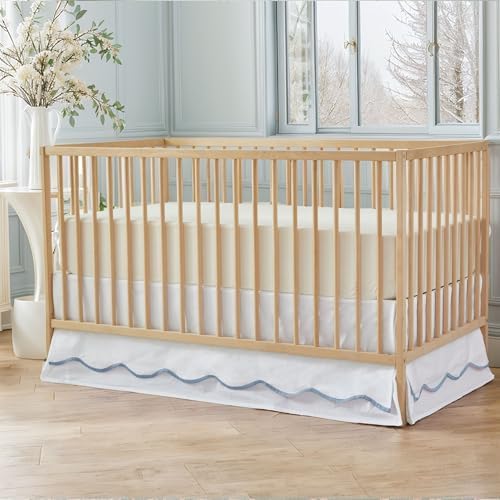 Brandream Scallop Edge Cotton Crib Skirt Toddler Bedskirt Baby Nursery Crib Bed Skirt 2-Tiered Boho Bohemian Neutral Solid Color Cream Off White with Blue Edge Farmhouse Chic Skirt