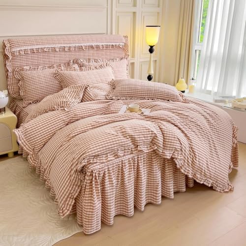 LifeTB Pink Gingham Comforter Set King 3 Pieces Ruffle Pink Plaid Comforter Set Fluffy Soft Grid Bedding Set Vintage Checkered Comforter with 2 Pillowcases Farmhouse Gingham Plaid Bedding Set King