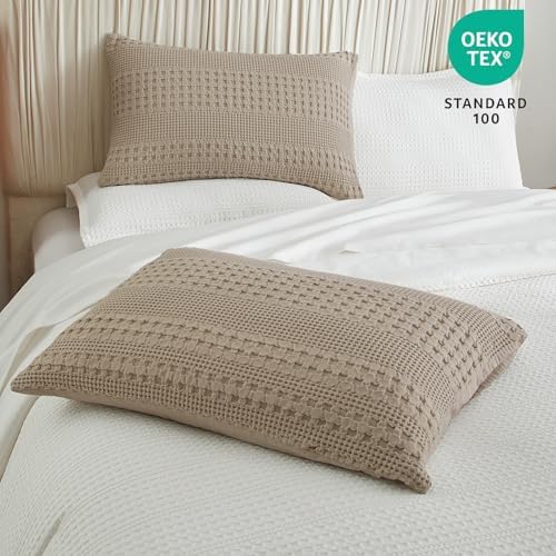 PHF 100% Cotton Waffle Pillow Shams Standard Size, 2 Pack 20" x 26" Soft Skin-Friendly Pillowcases, No Filling, Aesthetic Woven and Breathable Waffle Weave Pillow Case Covers for Bed, Simply Taupe