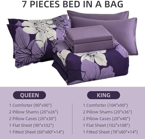 Dark purple Comforter Set Queen Size, 7 Pieces Floral Bed in a Bag