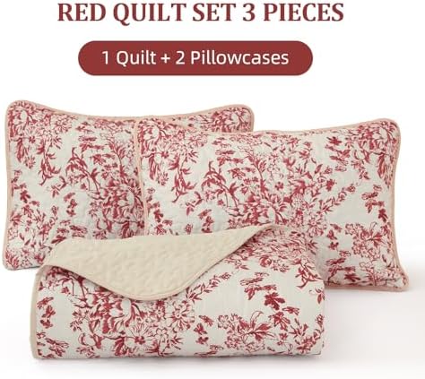 WONGS BEDDING Botanical Quilt King Size, 3 Pieces Bedspread Set, Red
