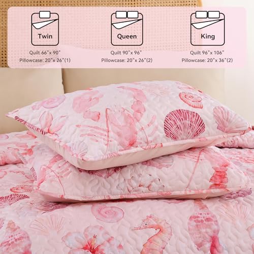 weigelia Coastal Quilt Bedding Set King Size - Lightweight Summer Bedspread in Pink Coastal Decor, Soft Nautical Comforter for All Season for Coquette Room Decor Bedroom