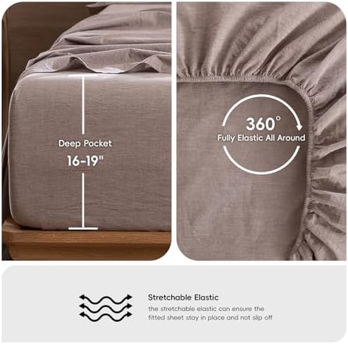 MooMee Sheet Set 100% Washed Cotton Linen-Like Extra Deep Pocket Queen