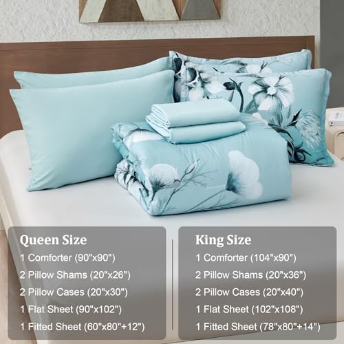 Luxudecor Floral Comforter Set Queen Size 7 Piece, Aqua Flower Bed in a Bag, Elegant Gradient Floral Comforter with Sheet Set, Soft Seersucker Microfiber Bedding Set for All Season (Aqua, 90"x90")
