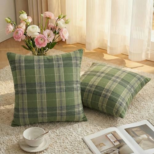 AVOIN colorlife Spring Summer Green Khaki Plaid Decorative Throw Pillow Covers, 18 x 18 Inch Holiday Scottish Tartan Cushion Case Farmhouse Decoration for Sofa Couch Set of 2