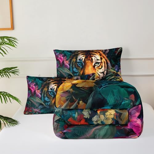 3Pcs Tiger Comforter Set Queen Size Plants Colorful Flowers Print Bedding Set,3D Wild Animals Comforter Set for Kids Boys Girls Room Decor,Wildlife Theme Bedding Set