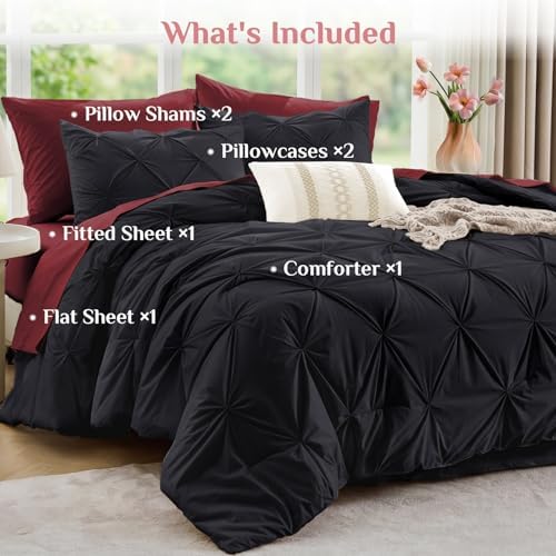JOLLYVOGUE Queen Comforter Set 7 Pieces - Bed in a Bag Queen for All Season, Pintuck Bedding Comforter Sets with Comforter, Flat Sheet, Fitted Sheet and Pillowcases & Shams, Black & Burgundy
