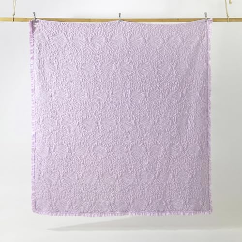 HORIMOTE HOME Lavender Ruffled Quilt Queen Size, Stone-Washed Microfiber Lightweight Crinkled Farmhouse Rustic Shabby Chic Bedding Set, 3 Pieces Reversible Bedspread with Pillow Shams for All Season