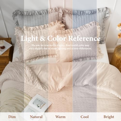 JOLLYVOGUE Beige Twin/Twin XL Comforter Set, 2 Pieces Seersucker Lightweight Fluffy Bedding Set, Twin Ruffle Comforter, All Season Soft Microfiber Shabby Chic Bed Set