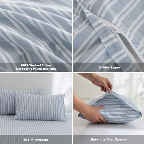 FOSSA Striped Duvet Cover Set 100% Washed Cotton Linen Feel King