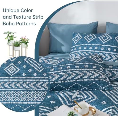 Yiran Boho Comforter Set Queen Size, 7 Pieces Aztec Blue Bed in a Bag