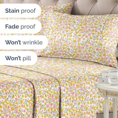 King 4 Piece Floral Sheet Set - Breathable & Cooling - Sun Kissed Bloom