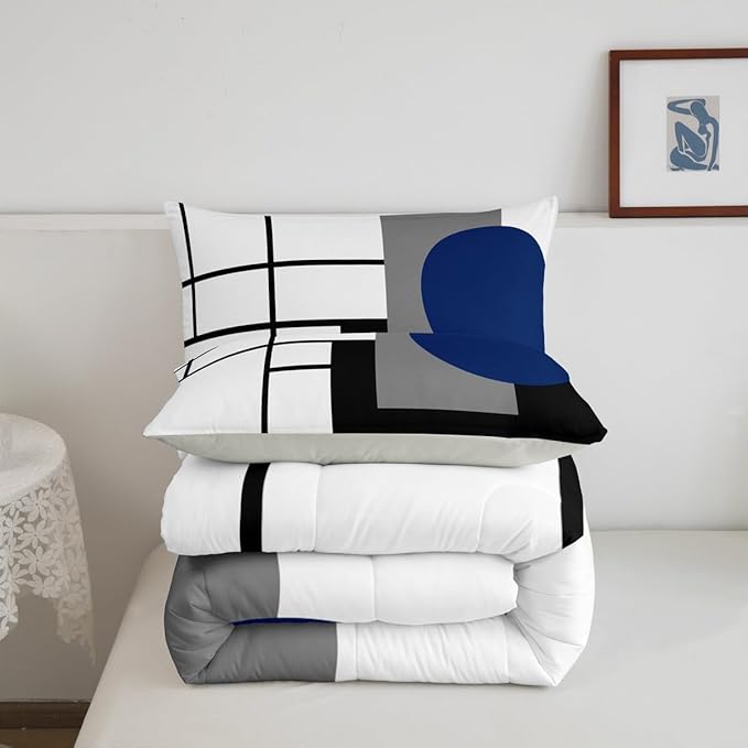 Erosebridal White Black Blue Striped Bedding Set Full Size Boho Modern Geometric Abstract Comforter Set for Adult Women Men Stripes Lines Bed Sets Minimalist Square and Circle Quilt Sets