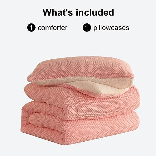 LLanCL 3D Jacquard Design Comforter Set, Ultra-Soft Warm Twin Size Sherpa Fur Plush 2-Pieces Sets Luxury Cozy Bedding with 1 Pillowcase (68"x90", Pink)