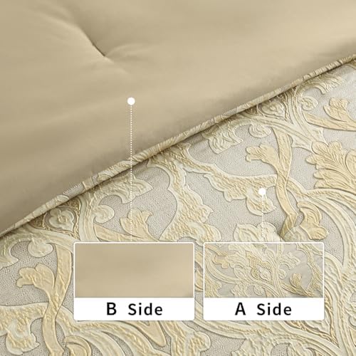 Bedduvit Luxury 7 Piece Bed in Bag, Vintage Damask Jacquard Thick King Comforter Set, Luxurious Genuine Patchwork Design All Season Bedding Set with Bed Skirt, Decor Pillows, Shams, Gold/Beige/Cream