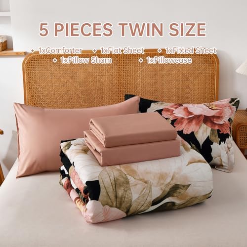 Dobuyly Black Twin Comforter Set 5 Piece Bed in a Bag, Pink Floral Printed on Black Comforter Set with Sheets, Soft Microfiber Botanical Flower Twin Bedding Set for All Season