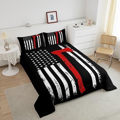 Castle Fairy Boys Firefighter Twin Size Comforter Set,Kids American Flag Decor All Season Bedding Set,Teens Fireman Comforter,Children Red Black White Decor Quilt Set Bedroom Collection 2Pcs
