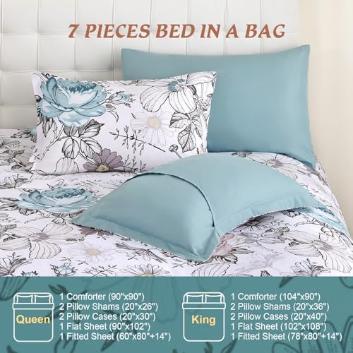 Luxudecor Queen Comforter Set 7 Pieces Bedding Sets,Teal Blue Floral Comforter and Sheet Set,Soft Microfiber Bed in a Bag for All Seasons (Teal Blue,90"x90")