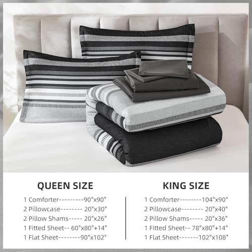 Dobuyly Grey Comforter Set King Size 7 Piece, Boho Striped Bed in a Bag King Soft Microfiber Dark Gray Bedding Sets with Comforter, Sheets, Pillowcases & Shams All Season