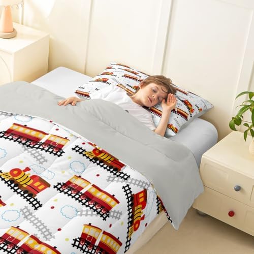 Feelyou Red Vintage Train Comforter Set Toddler Size Retro Steam Locomotive Down Bedding Set for Kids Boys Girls Transportation Vehicles Duvet Quilt Bedroom Decor Microfiber 2 Pcs with 1 Pillow Case