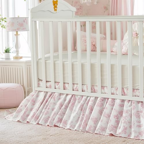 Brandream French Country Toile Cotton Crib Skirt Toddler Bedskirt Dust Ruffle Baby Nursery Crib Bed Skirt Boho Bohemian Vintage Pink Floral Print Farmhouse Chic Ruffles Skirt