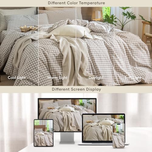MooMee Gingham Duvet Cover Set 100% Washed Cotton Linen Like