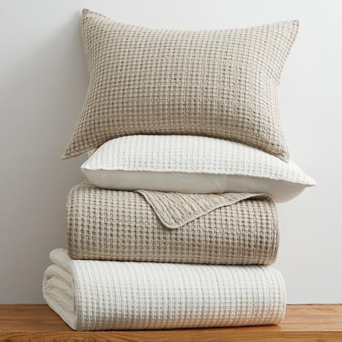 Levtex Home Mills Waffle Queen Bedspread Set (106x106in) with 2 Pillow Shams (26x20in) - Undyed Wheat - Cotton Waffle Queen Size Bedspread Set - Lightweight, Soft, Pre-Washed
