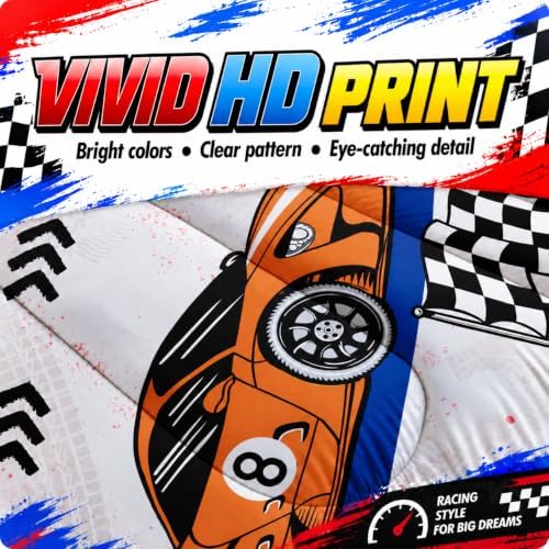 AILONEN Racing Car Comforter Set Full Size, Plaid Bedding Set for Kids Boys,Cool Speed Race Car Bed in a Bag 3 Pcs,1 Quilt and 2 Pillowcases,Soft Microfiber