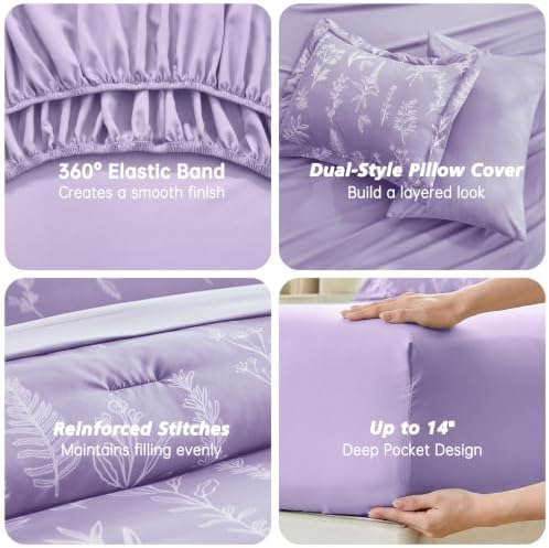 MUXHOMO Lavender Cal King Comforter Set, Elegant Floral Print Bed in a Bag 7 Pieces, Ultra Soft & Breathable Reversible Botanical Pattern Bedding Set with Comforter, Sheets, Pillowcases, and Shams