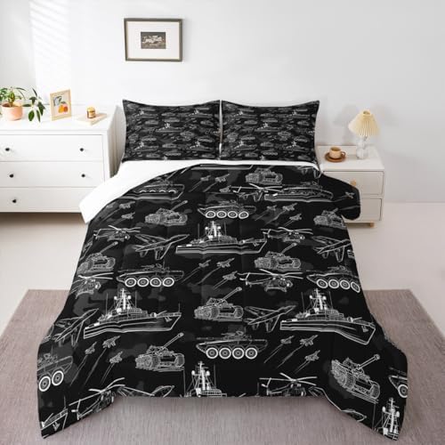 Manfei War Theme Comforter Set Twin Size, Aircraft Tank Ship Down Comforter with 1 Pillowcase, Black Army Camouflage Bedding Set 2pcs for Kids Boys Teen Bedroom Decor Lightweight Duvet Insert